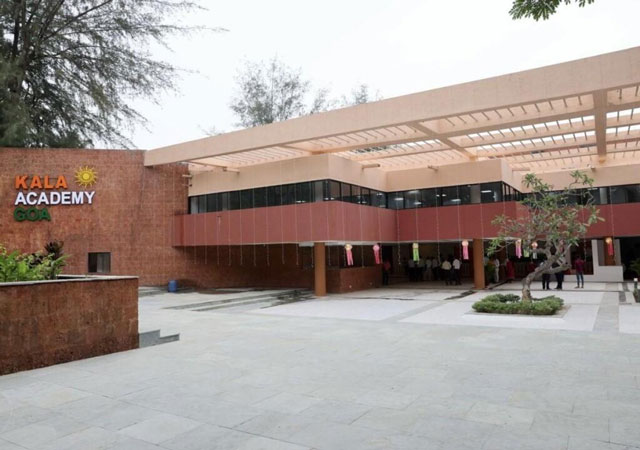 Kala Academy - Goa's premier cultural center designed by Charles Correa, featuring modern brick architecture with geometric pergola entrance and open courtyard plaza