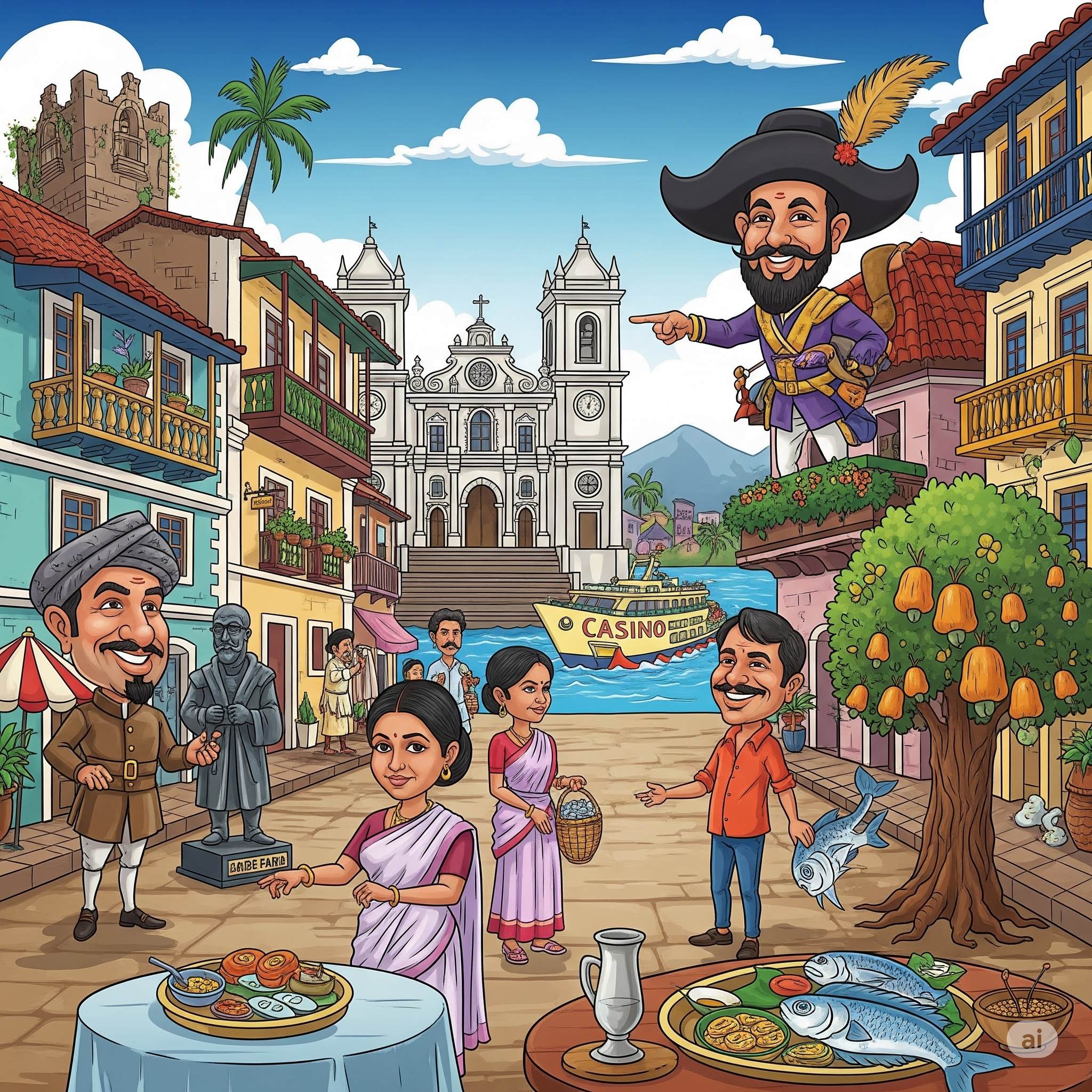 Historical illustration of Portuguese colonial period in Panaji showing Portuguese officials, local Goan people, Our Lady of Immaculate Conception Church, and the cultural fusion of European and Indian traditions