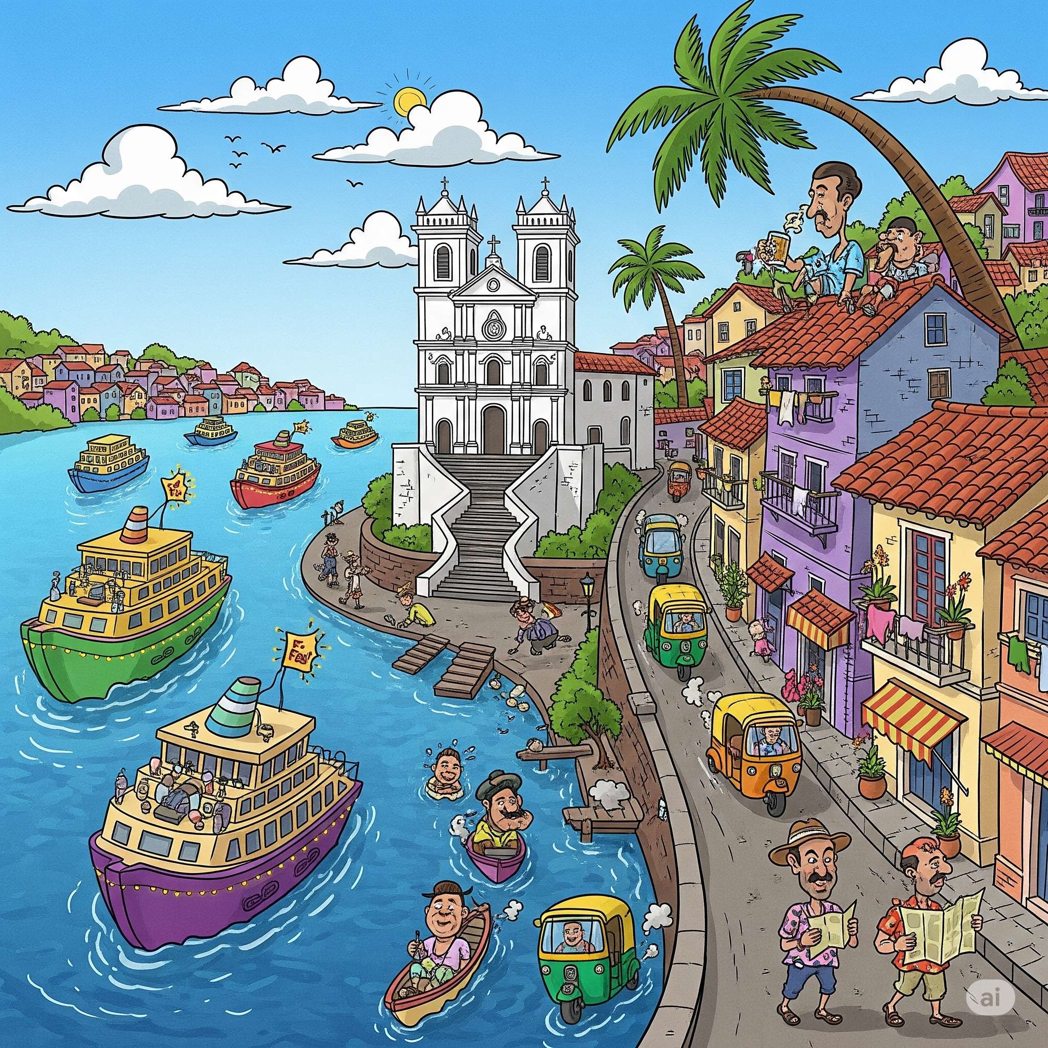 Artistic illustration of Panaji showing Our Lady of Immaculate Conception Church, colorful Portuguese houses, Mandovi River with boats, and vibrant local life
